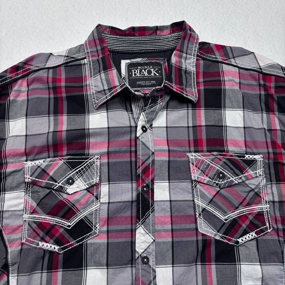 Buckle Black Men's Red Plaid Contrast Stitch Long Sleeve Button Up Shirt 3xl